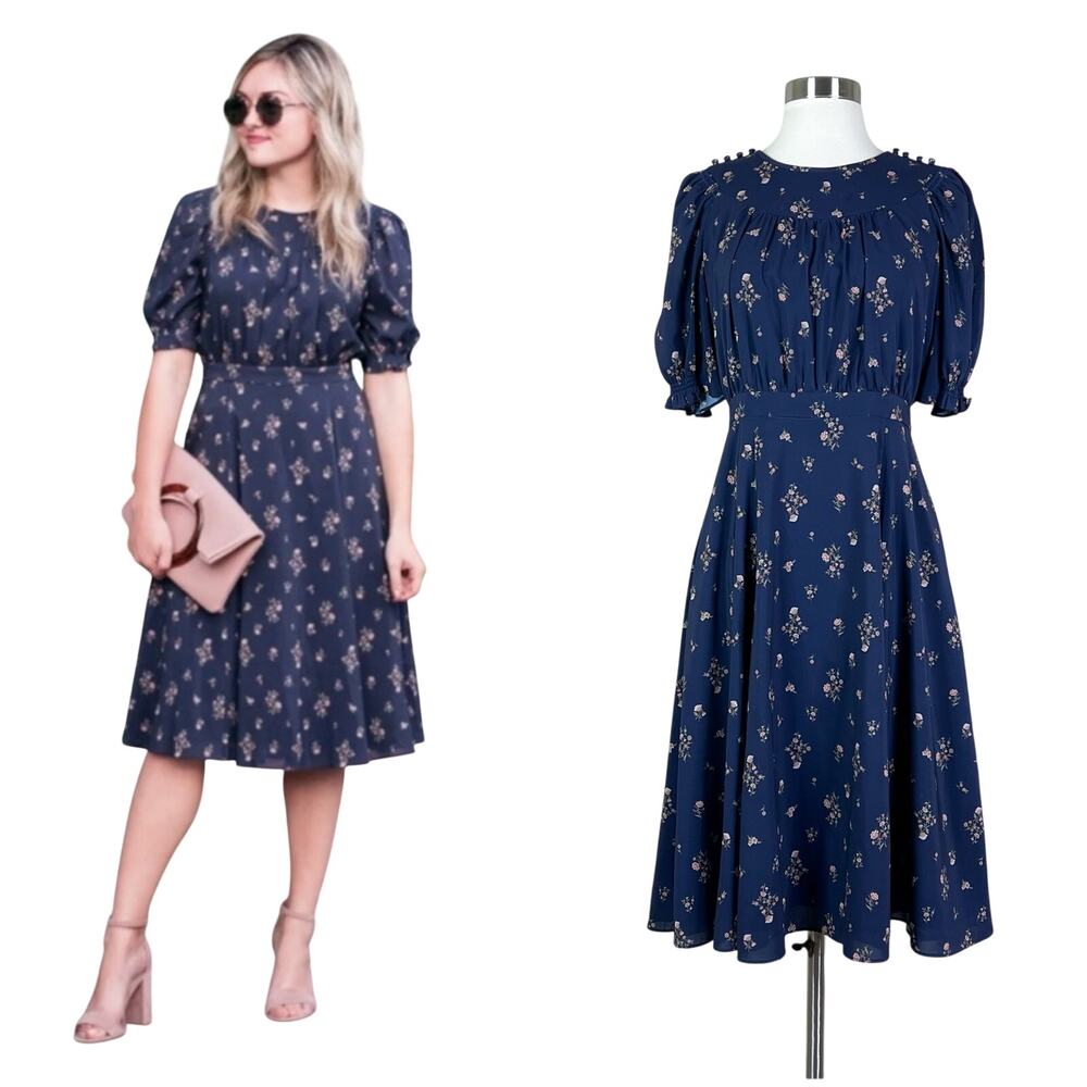 Gal Meets Glam | Emily Blue Floral Puff Sleeve Fit Flare Elegant Midi Dress 2